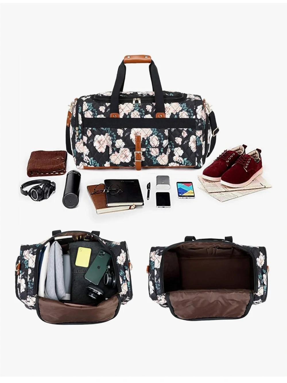 Floral Quilted Weekender Duffle Bag - Black with Blush Flowers - Picture 4 of 7